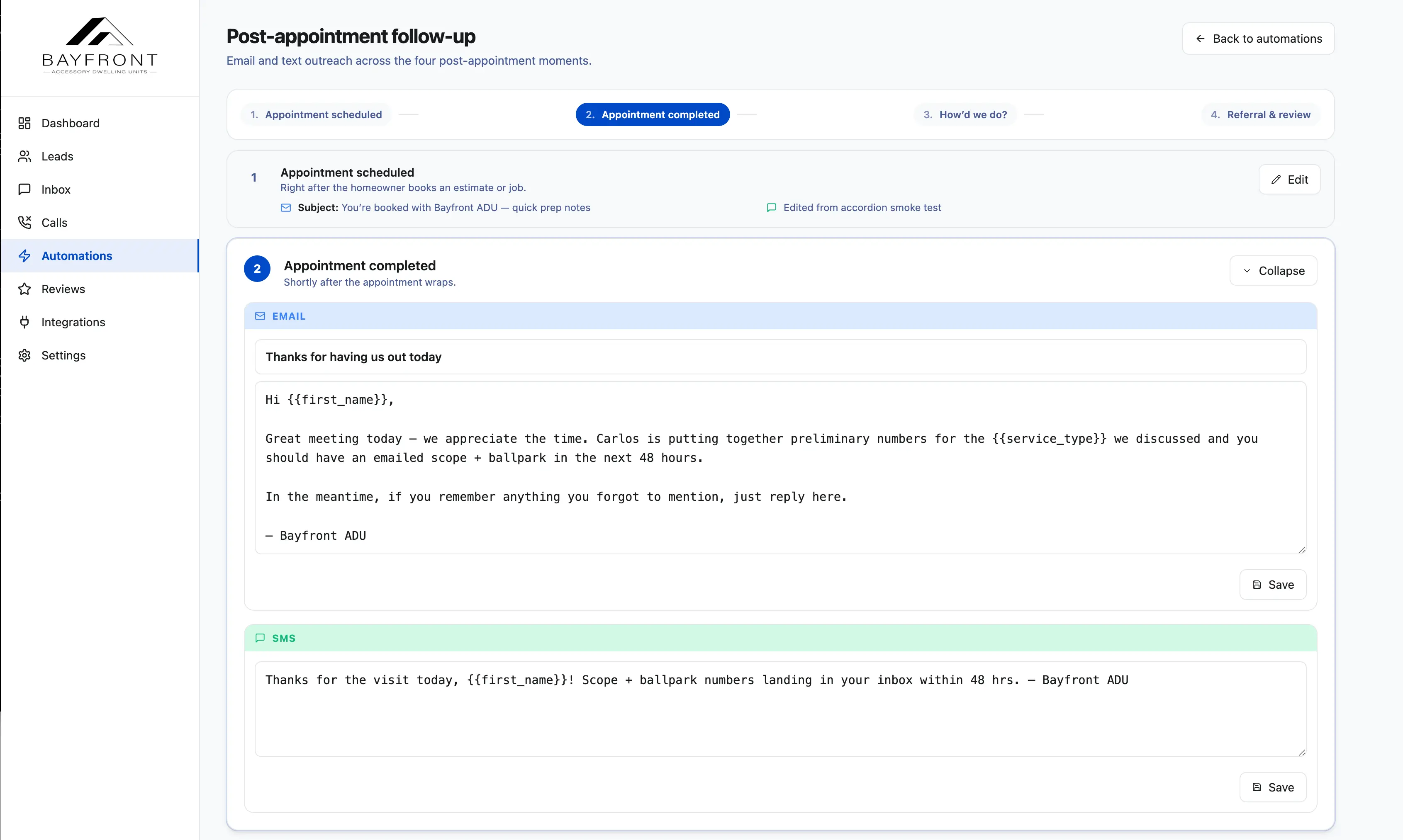Follow-up sequence editor showing email and SMS templates across the four post-appointment moments