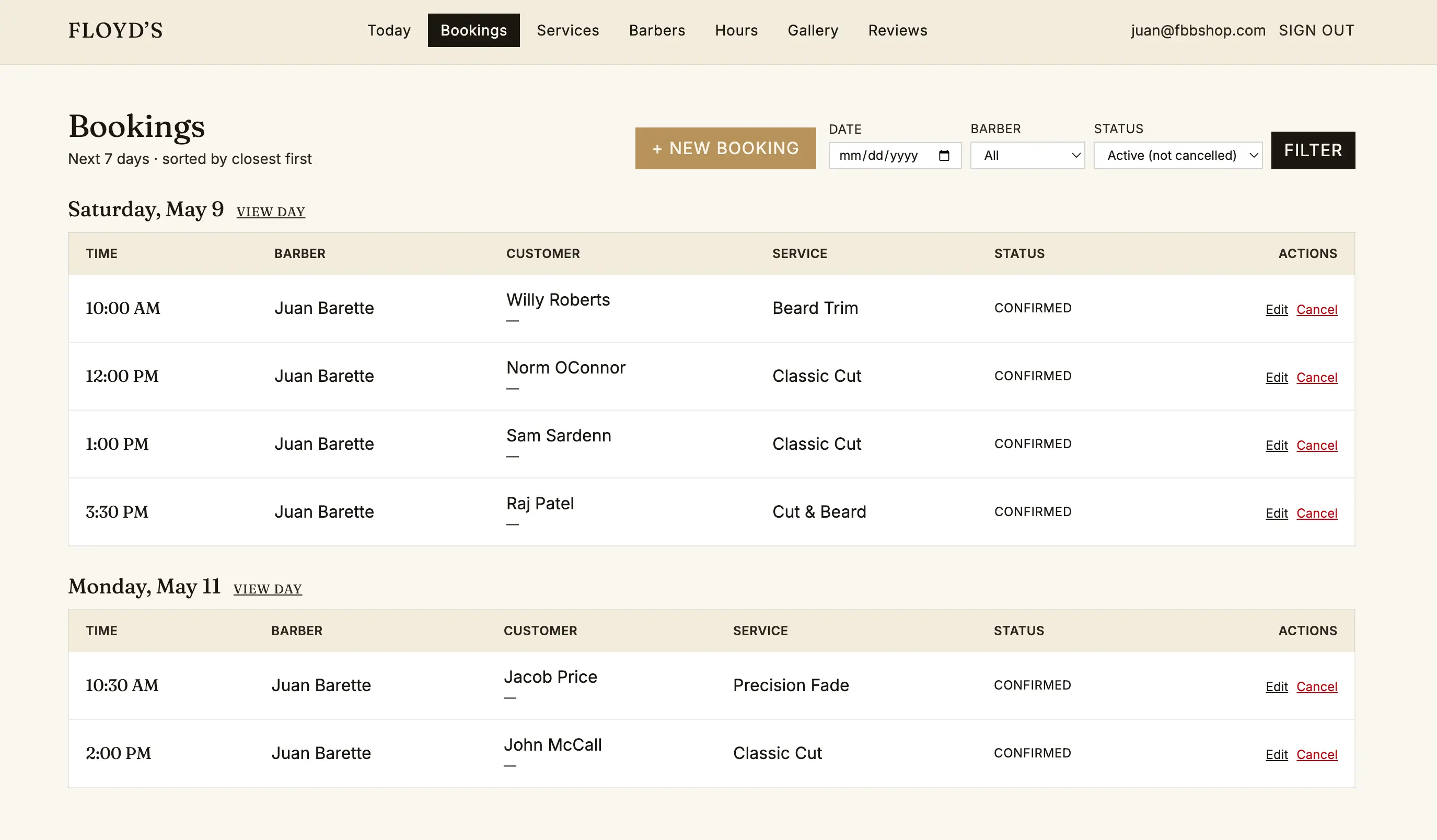 Booking management view for a barbershop with the next seven days of appointments